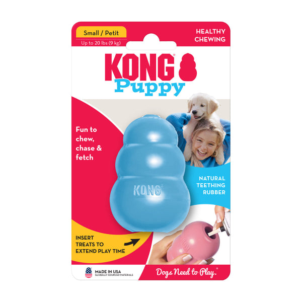 KONG Puppy dog toy packaging with a blue toy and text on a white background