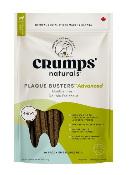 Crumps' Natural Plaque Busters Advanced Double Fresh Dental Sticks With Sea Kelp & Mint - Dog Dental Chews - 10pc 7in 270g - Maokids Pet