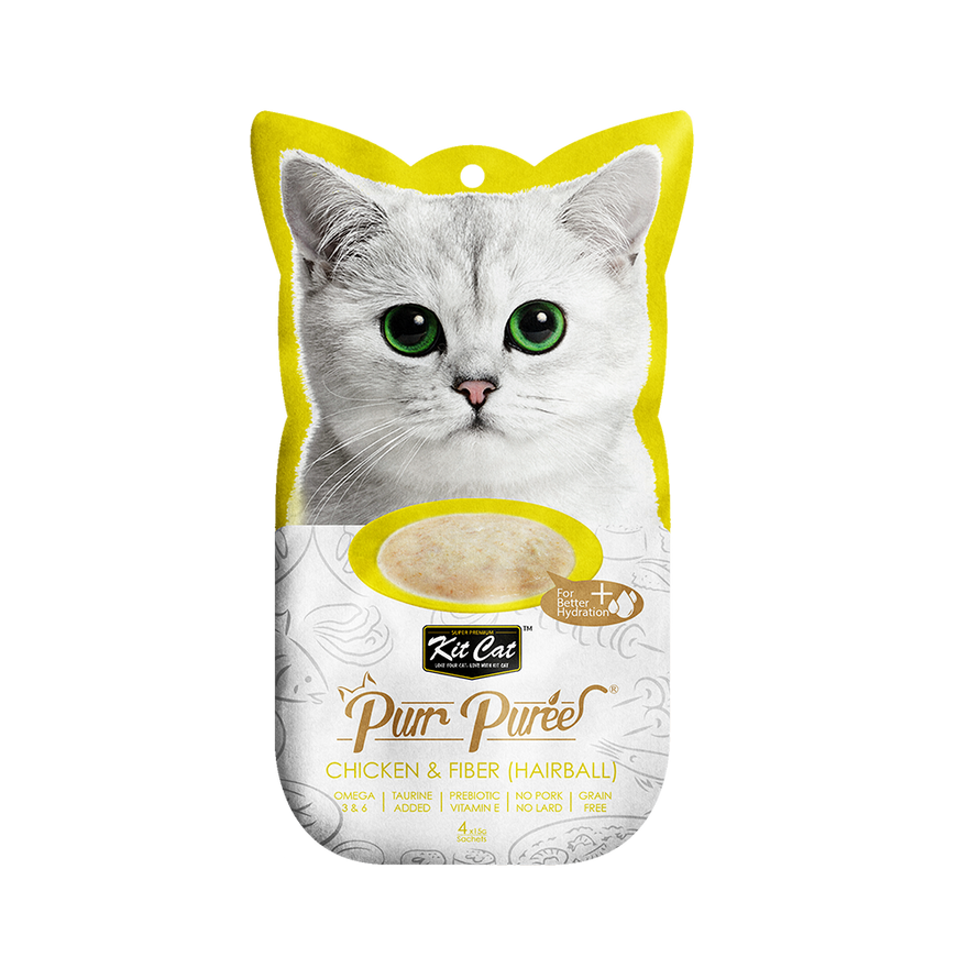 Kit Cat Purr Puree Cat Treat - Chicken & Fibre Hairball Control 4x15g - Maokids Pet