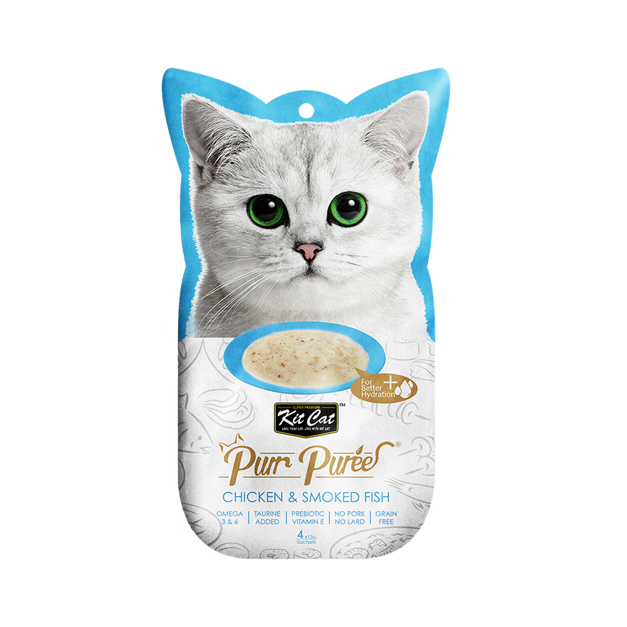 Kit Cat Purr Puree Cat Treat - Chicken & Smoke Fish 4x15g - Maokids Pet