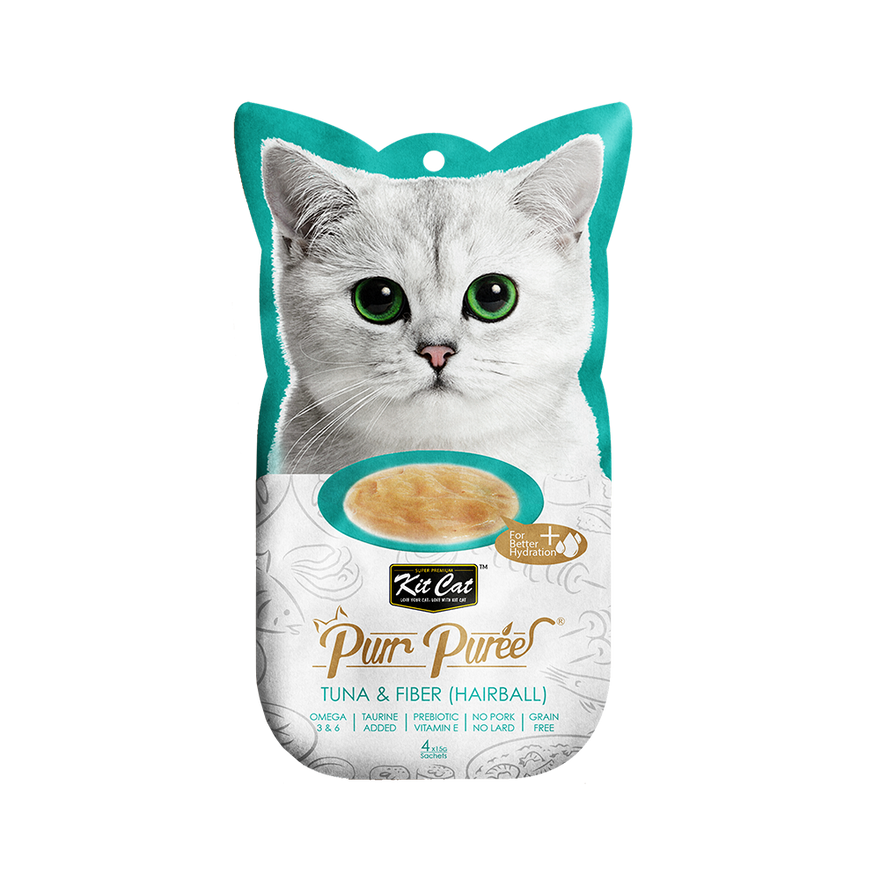 Kit Cat Purr Puree Cat Treat - Tuna & Fibre Hairball Control 4x15g - Maokids Pet