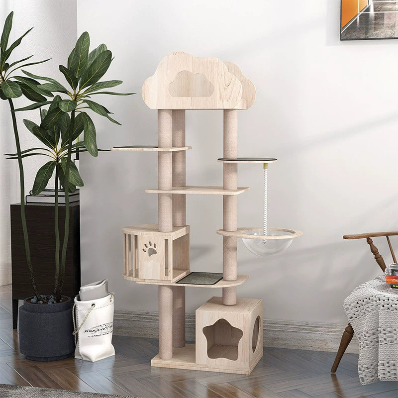 MengZhu Solid Wood Large Cloudy Cat Tree - Maokids Pet
