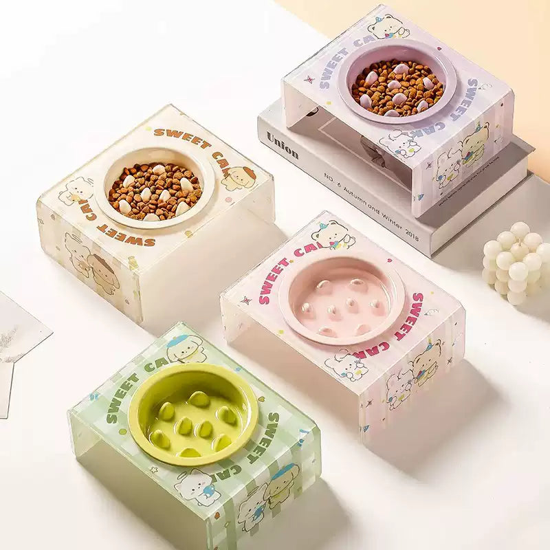 Sweet Cat Ceramic Slow Feeder Bowl with Stand - 4 Colours