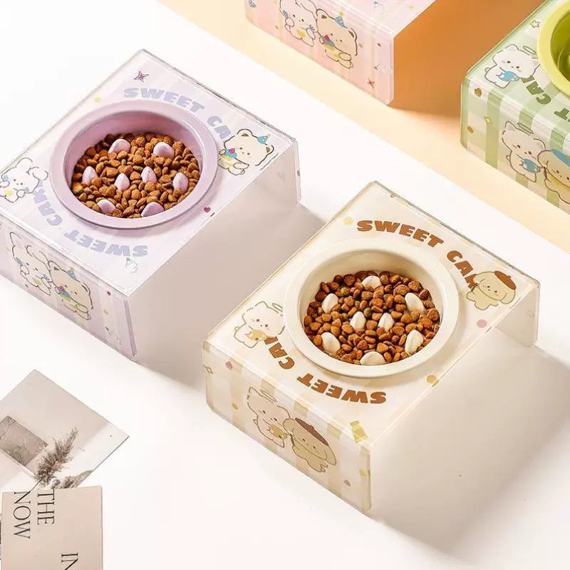 Sweet Cat Ceramic Slow Feeder Bowl with Stand - 4 Colours