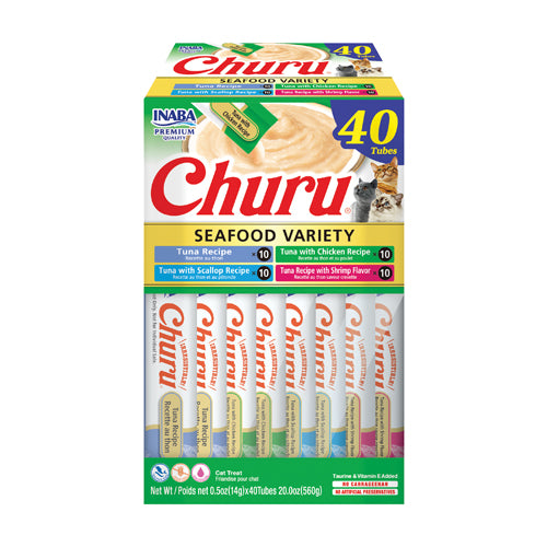 Inaba Churu Purées Cat Treat - 40 ct Tuna & Seafood Variety Box - Maokids Pet