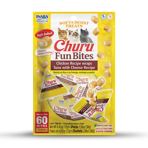 Inaba Churu Fun Bites Cat Treat - Chicken Recipe wraps Tuna with Cheese Recipe - Maokids Pet