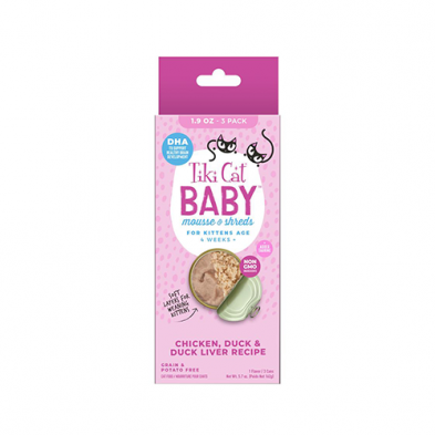 Tiki Cat Baby Mousse & Shreds Chicken, Duck & Duck Liver Recipe For Kitten Over 4 Weeks Wet Food - 3*1.9oz - Maokids Pet