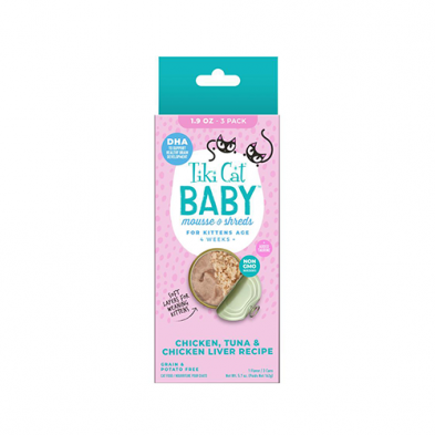 Tiki Cat Baby Mousse & Shreds Chicken, Tuna & Chicken Liver Recipe For Kitten Over 4 Weeks - 3*1.9oz - Maokids Pet