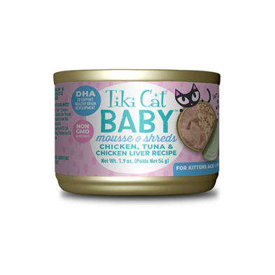 Tiki Cat Baby Mousse & Shreds Chicken, Tuna & Chicken Liver Recipe For Kitten Over 4 Weeks - 3*1.9oz - Maokids Pet