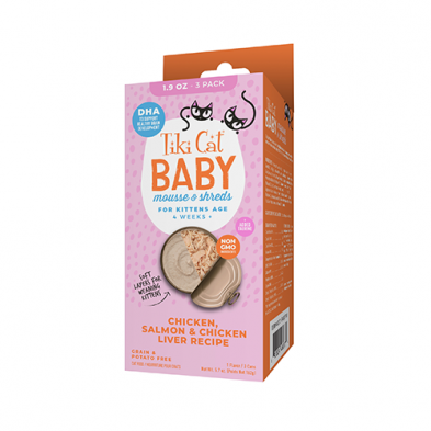 Tiki Cat Baby Mousse & Shreds Chicken, Salmon & Chicken Liver Recipe For Kitten Over 4 Weeks Wet Food - 3*1.9oz - Maokids Pet