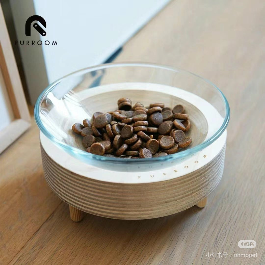 Purroom Glass Bowl With Wood Stand For Pet - Maokids Pet