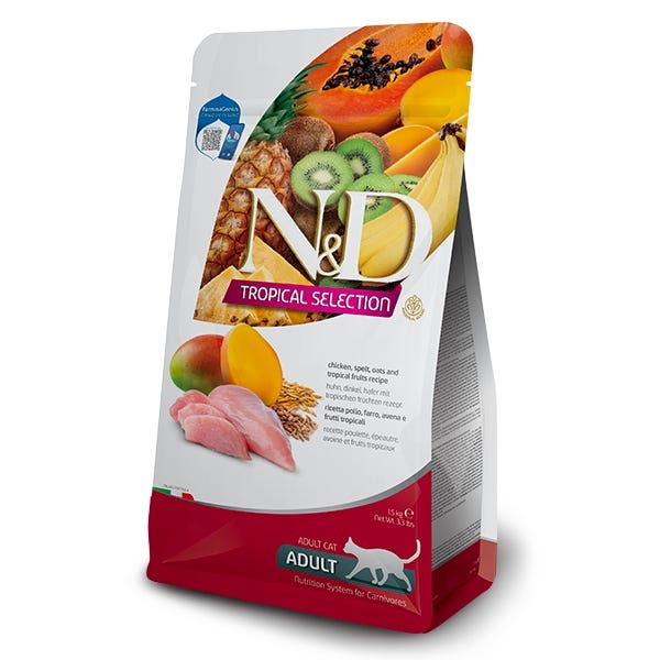 Farmina Natural & Delicious Tropical Dry Food For Adult Cats - Chicken, Spelt, Oats & Tropical Fruits - Maokids Pet