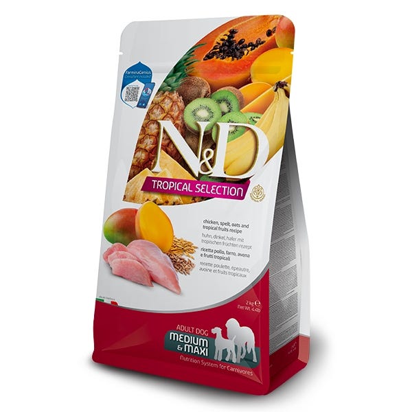 Farmina Natural & Delicious Tropical Dry Food For Medium & Maxi Adult Dogs - Chicken, Spelt, Oats & Tropical Fruits - Maokids Pet