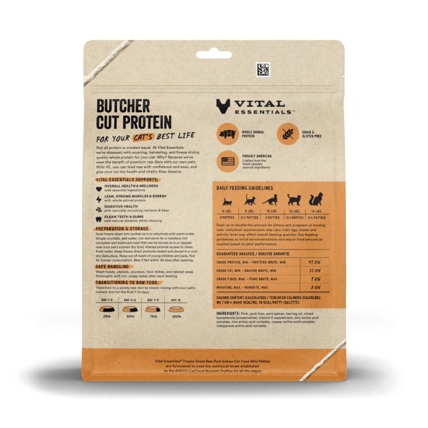 Vital Essentials Freeze-Dried Raw Pork Entrée for Cats - Mini Patties - Maokids Pet