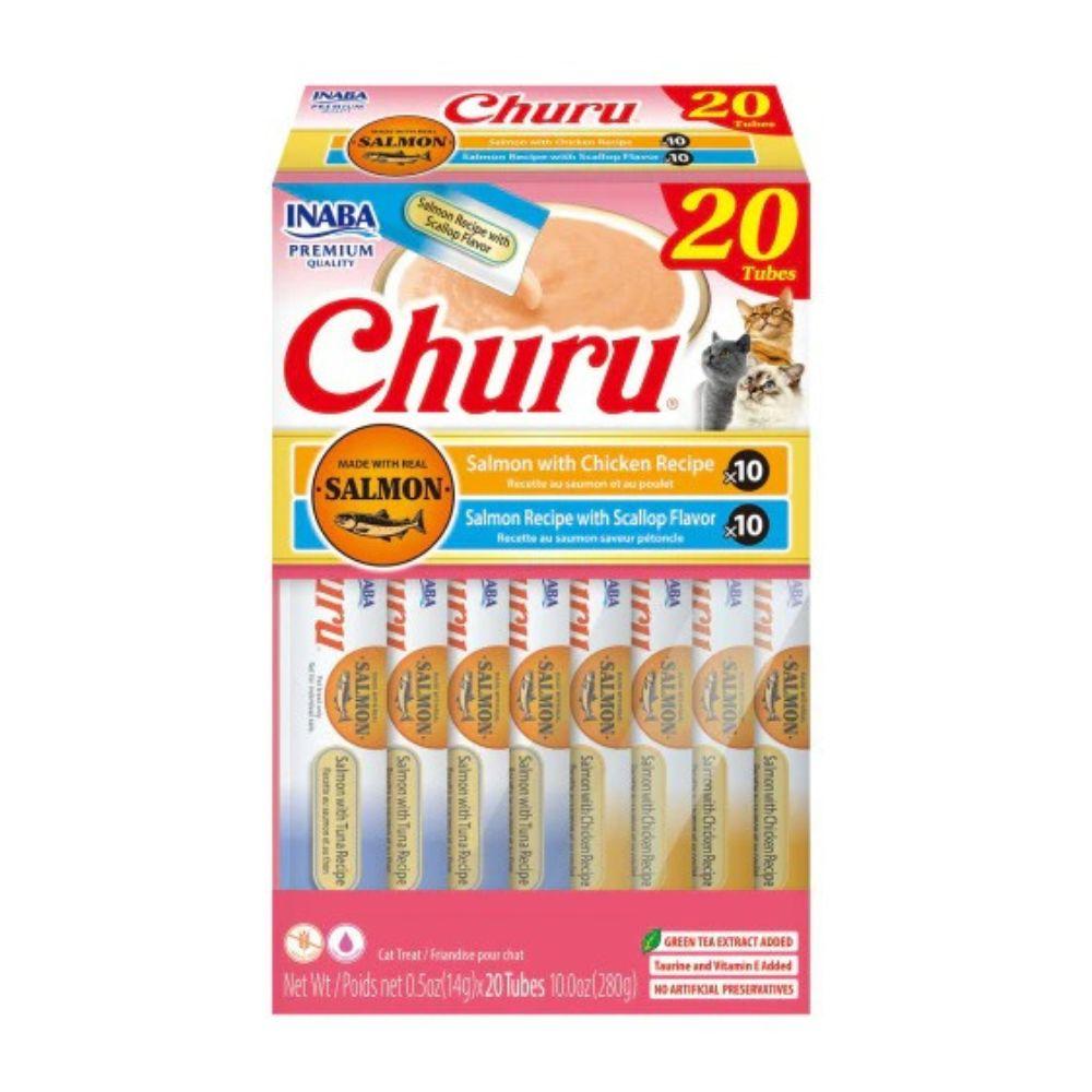 稻叶牌猫咪零食 - 20 块装，口味包括鸡肉三文鱼和扇贝三文鱼