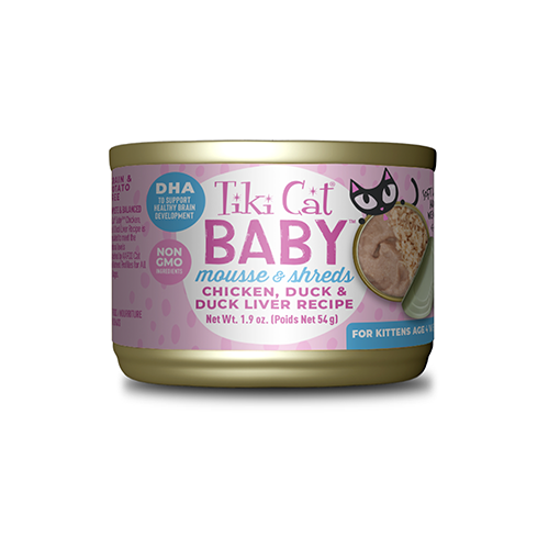 Tiki Cat Baby Mousse & Shreds Chicken, Duck & Duck Liver Recipe For Kitten Over 4 Weeks Wet Food - 3*1.9oz