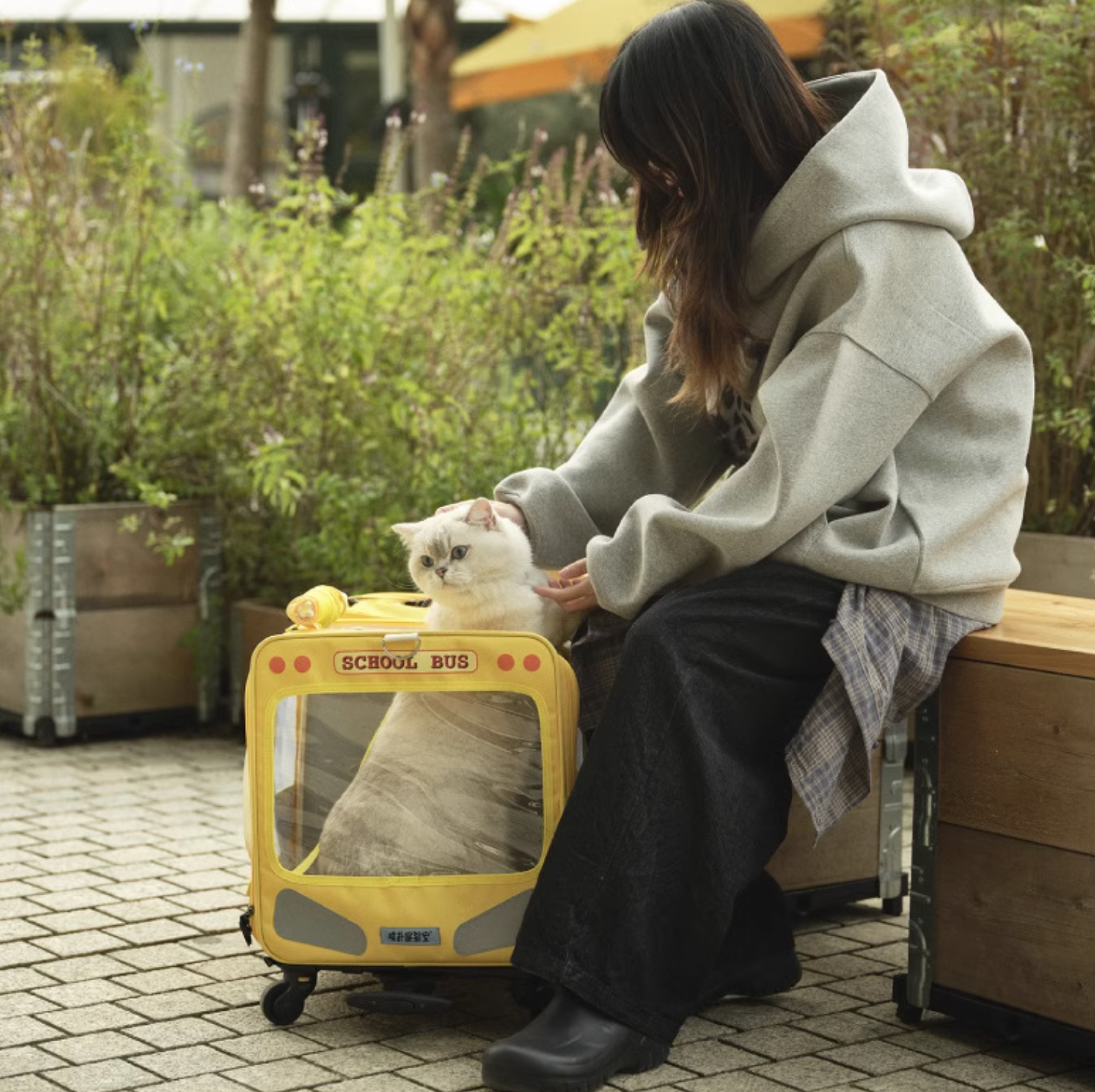 Purlab School Bus Luggage Trolley - Dual-Compartment Pet Carrier