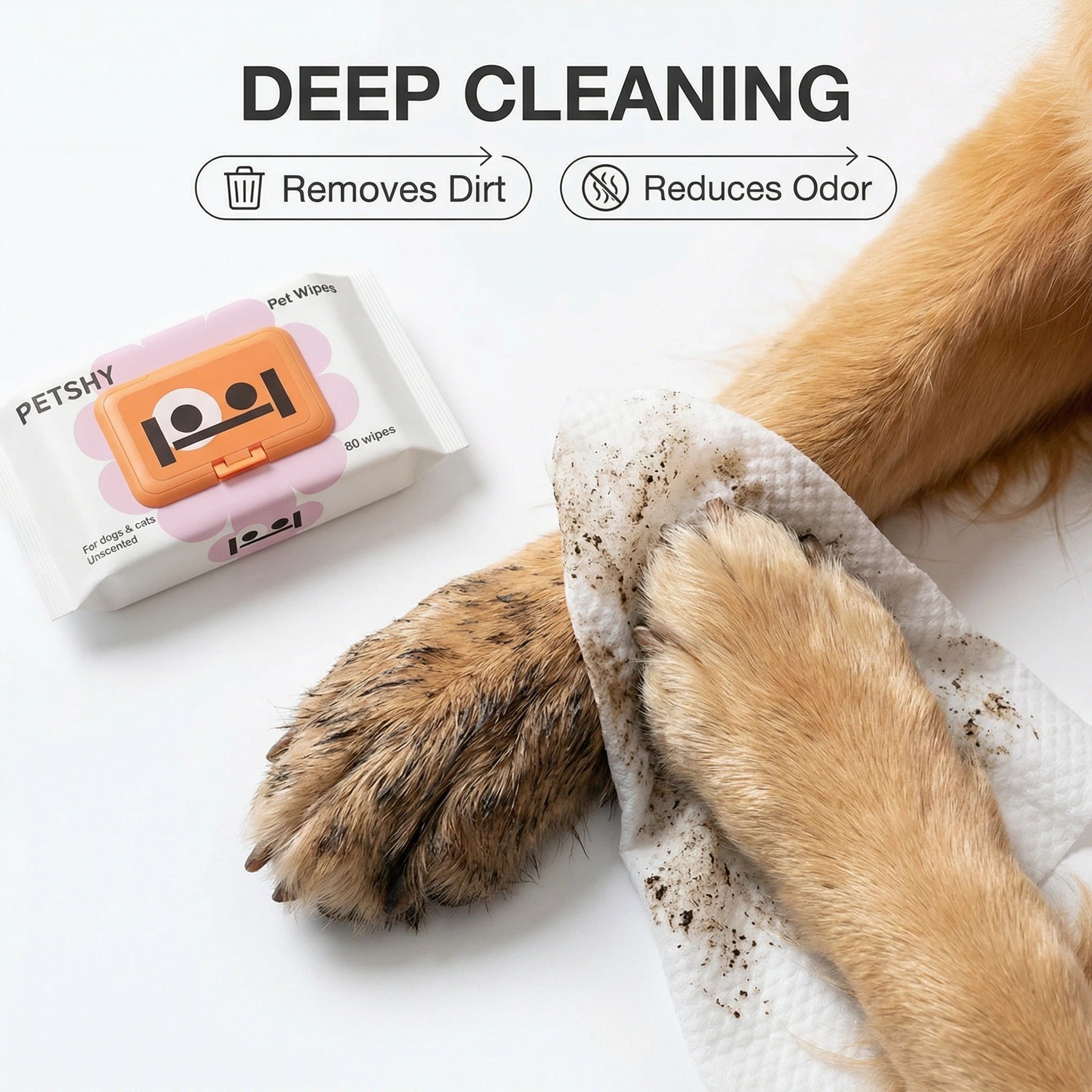 Petshy Gentle Hypoallergenic Wipes for Dogs & Cats - Unscented (80 Wipes)