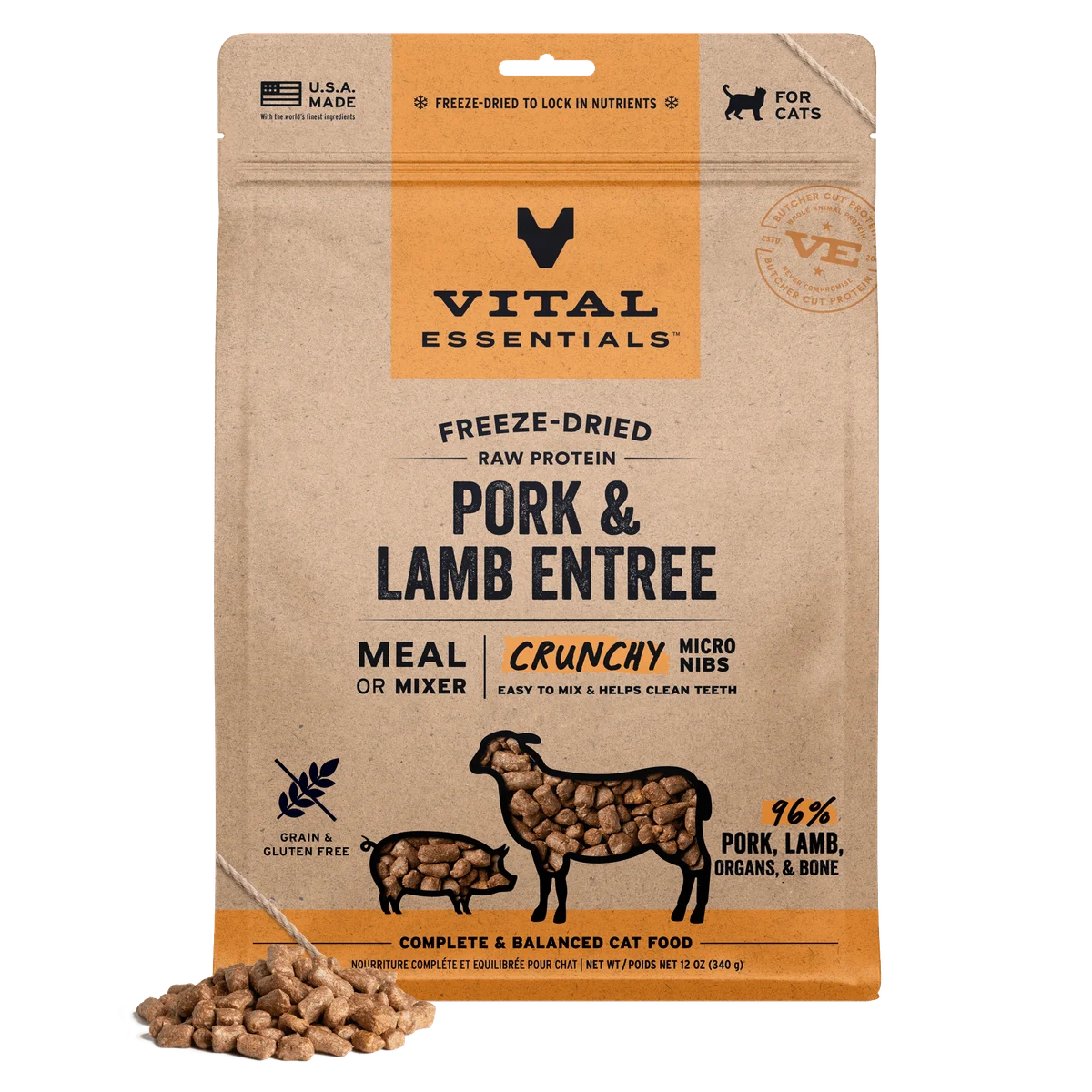 Vital Essentials Freeze-Dried Raw Pork & Lamb For Cats - Crunchy Micro Nibs