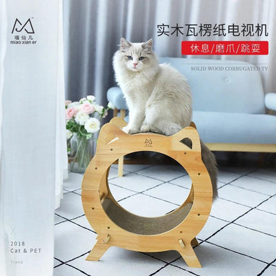 实木电视机猫抓板猫窝 高品质耐抓猫抓板 两款可选 方形&圆形 - Maokidspet