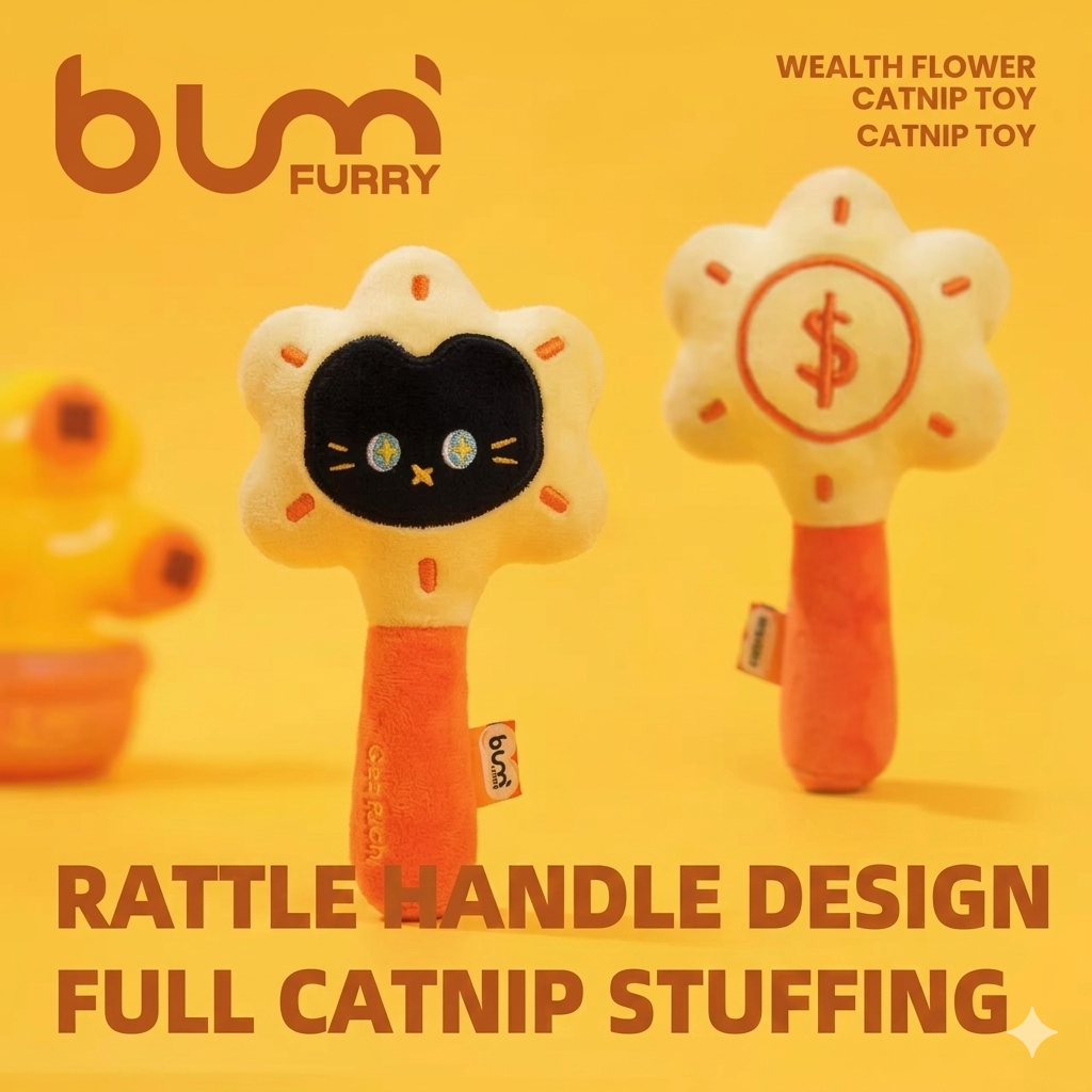 Furrybum Interactive Catnip Rattle Wand Toy - Plush Octopus & Sun Flower