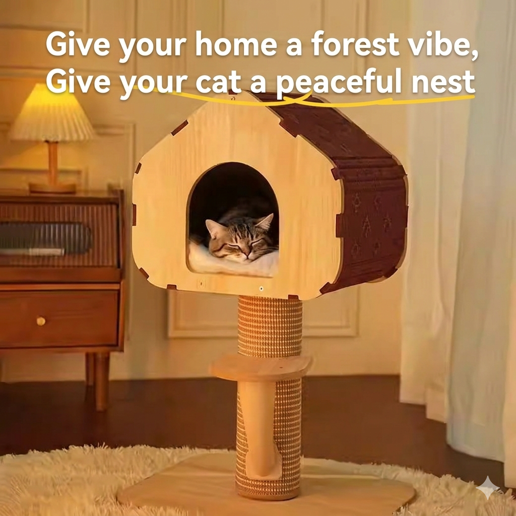 Miaofairy Modern Minimalist Cat Tree Condo - Solid Wood Cat Nest & Scratcher