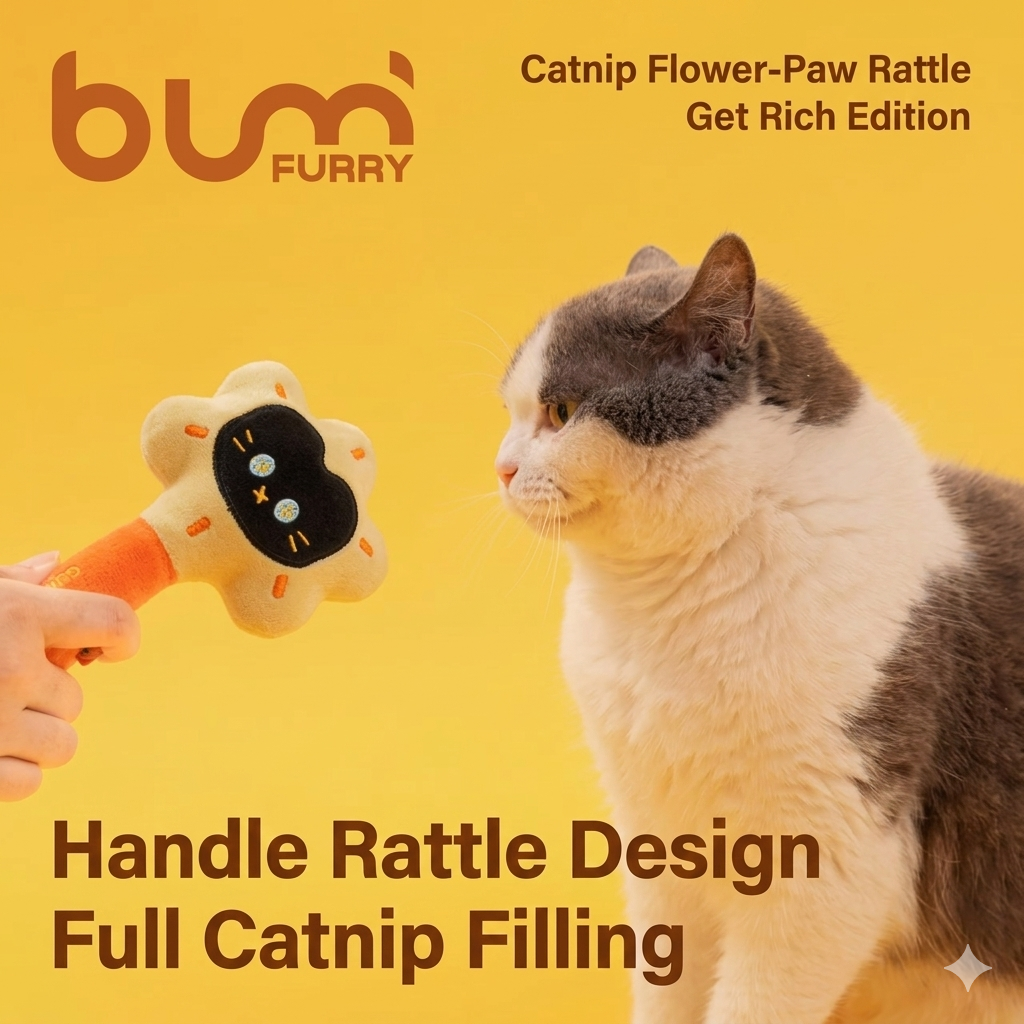 Furrybum Interactive Catnip Rattle Wand Toy - Plush Octopus & Sun Flower