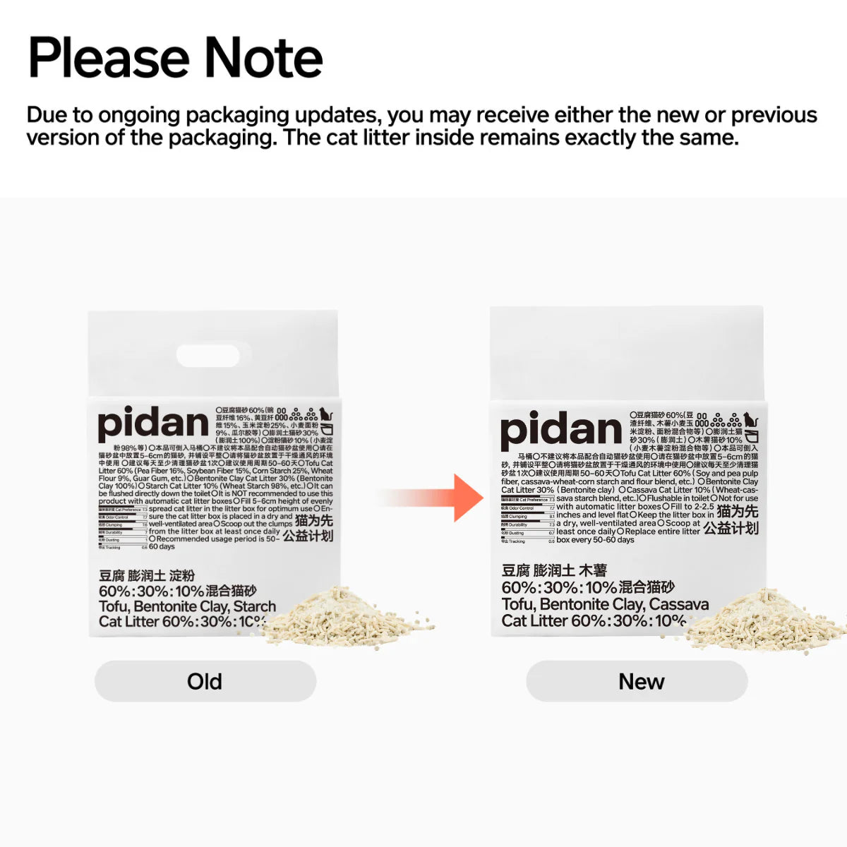 Pidan Tofu 60%, Bentonite Clay 30%, Cassava 10% Cat Litter