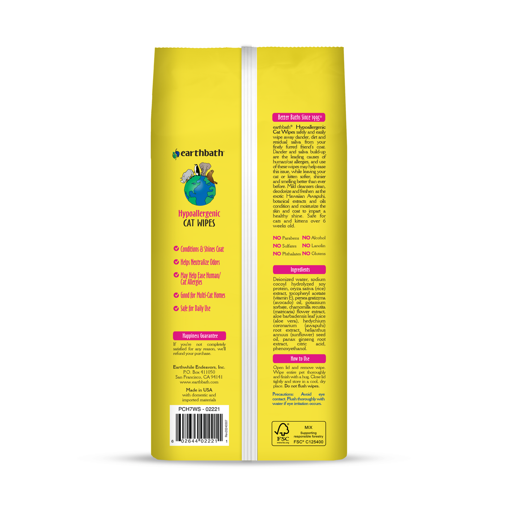 Earthbath Hypoallergenic Cat Wipes - Fragrance Free - 100 Wipes