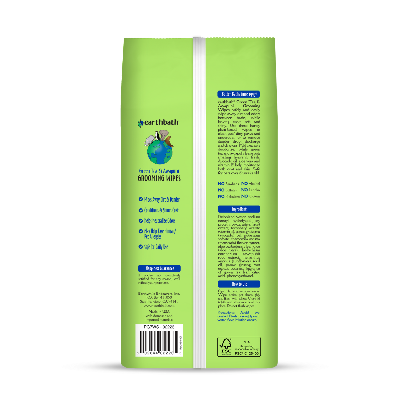 Earthbath Grooming Wipes - Green Tea & Awapuhi - 100 Wipes