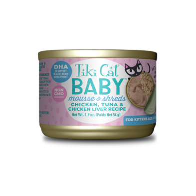 Tiki Cat Baby Mousse & Shreds Chicken, Tuna & Chicken Liver Recipe For Kitten Over 4 Weeks - 3*1.9oz