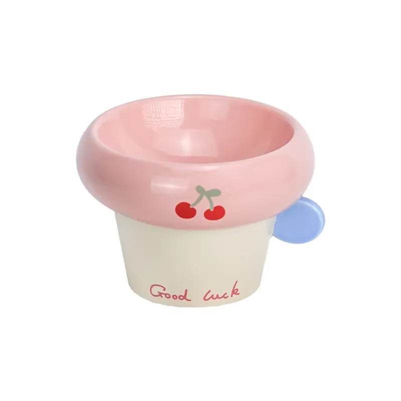 Genki元気喵 圆把手圈圈陶瓷碗 韩系猫咪狗狗水碗粮碗 高脚釉下彩宠物碗 多款可选