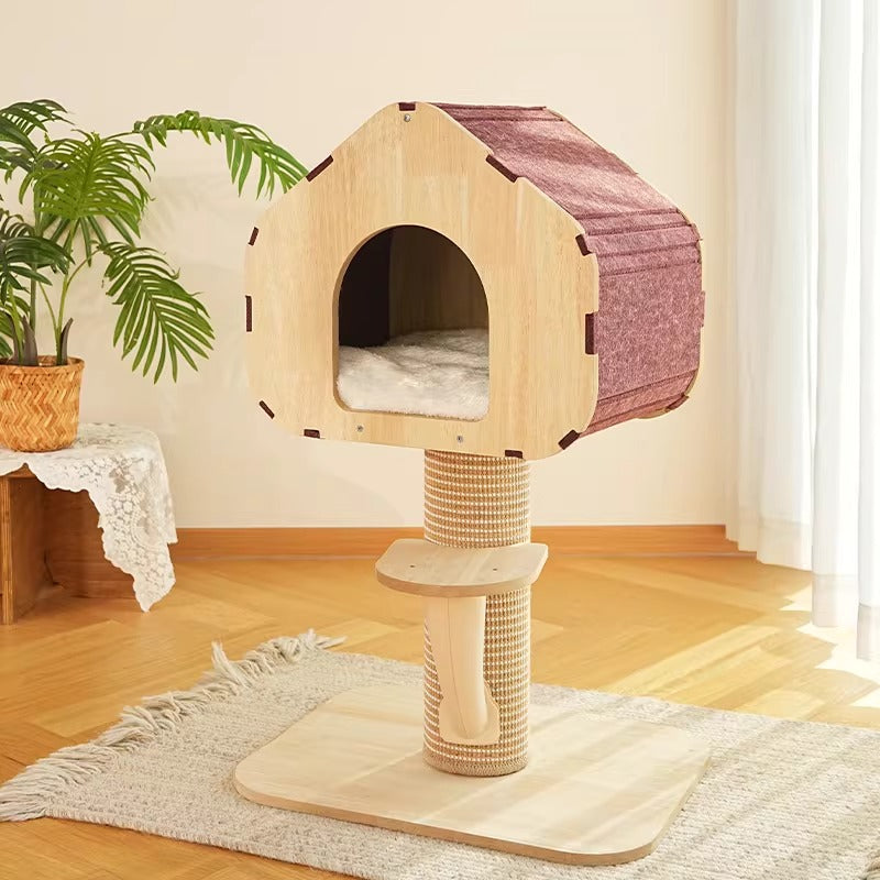 Miaofairy Modern Minimalist Cat Tree Condo - Solid Wood Cat Nest & Scratcher