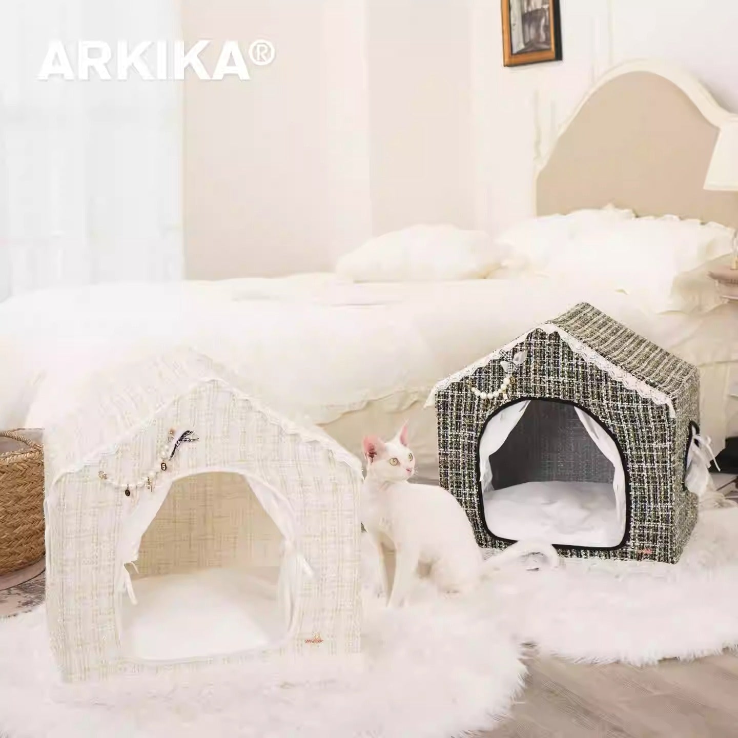 Arkika Luxury Tweed Pet Tent - Elegant Designer Cat & Small Dog House