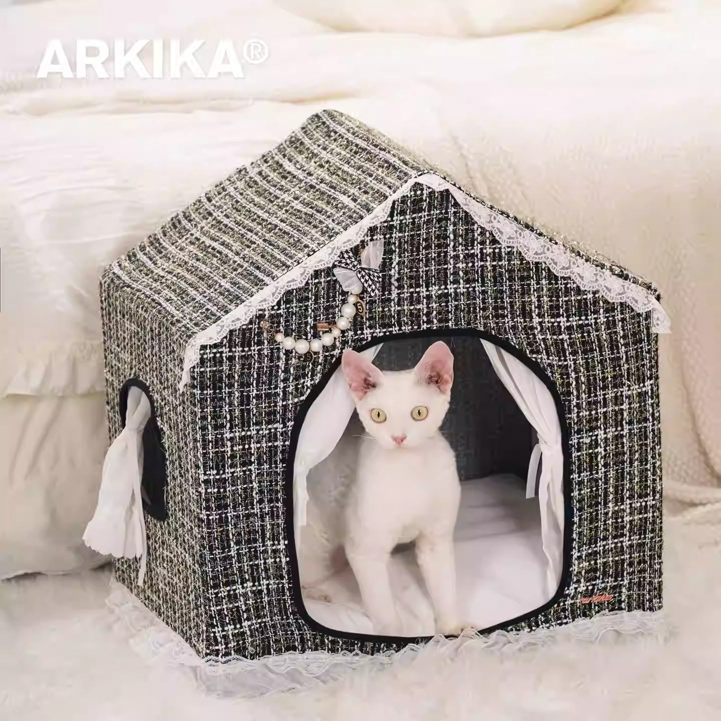 Arkika Luxury Tweed Pet Tent - Elegant Designer Cat & Small Dog House