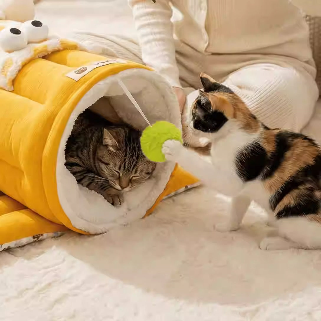 神经猫 宠物猫窝隧道窝 玩睡一体秋冬加厚款猫床猫咪垫子 卡通大眼睛猫隧道 两色可选