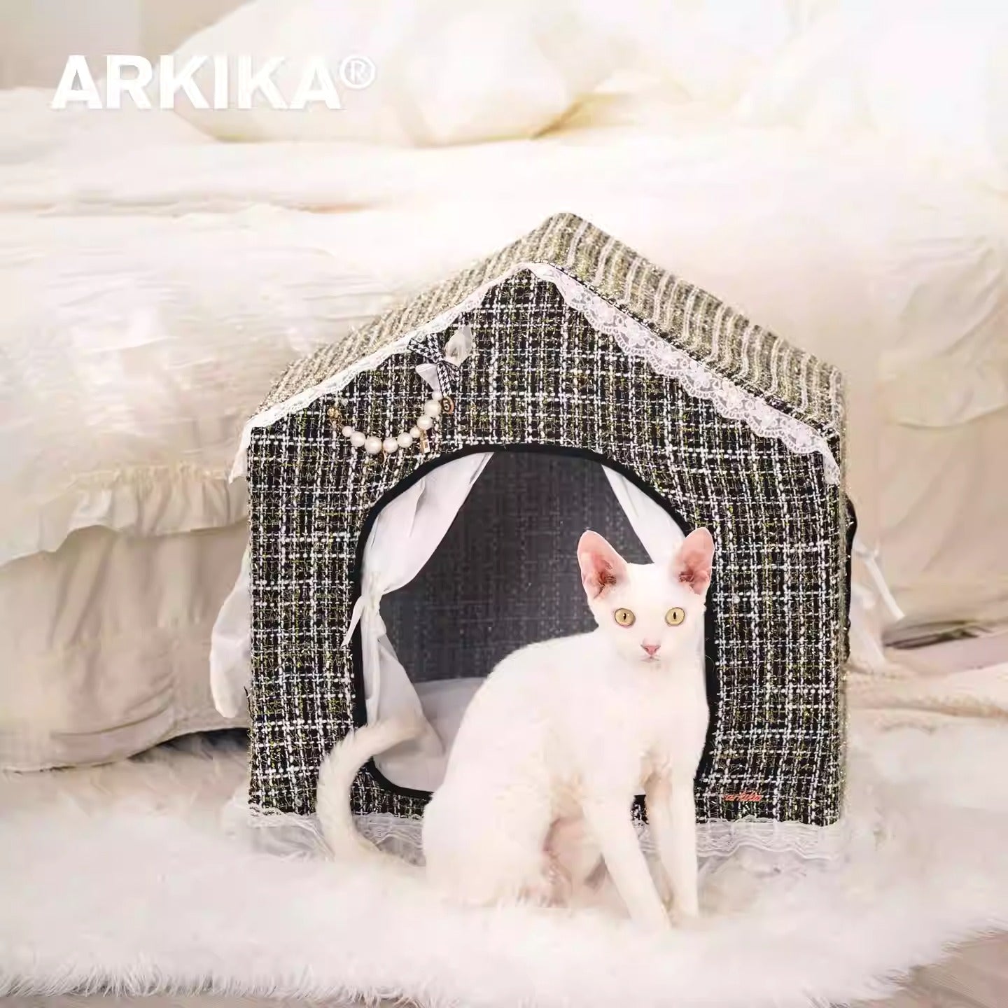 Arkika Luxury Tweed Pet Tent - Elegant Designer Cat & Small Dog House