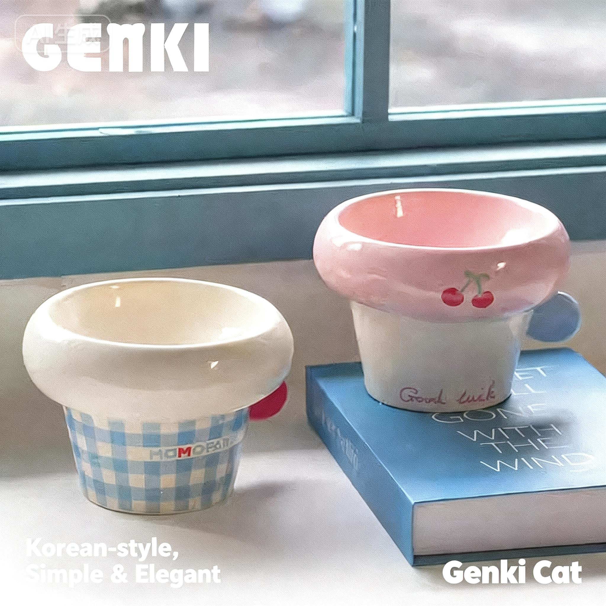 Genki元気喵 圆把手圈圈陶瓷碗 韩系猫咪狗狗水碗粮碗 高脚釉下彩宠物碗 多款可选