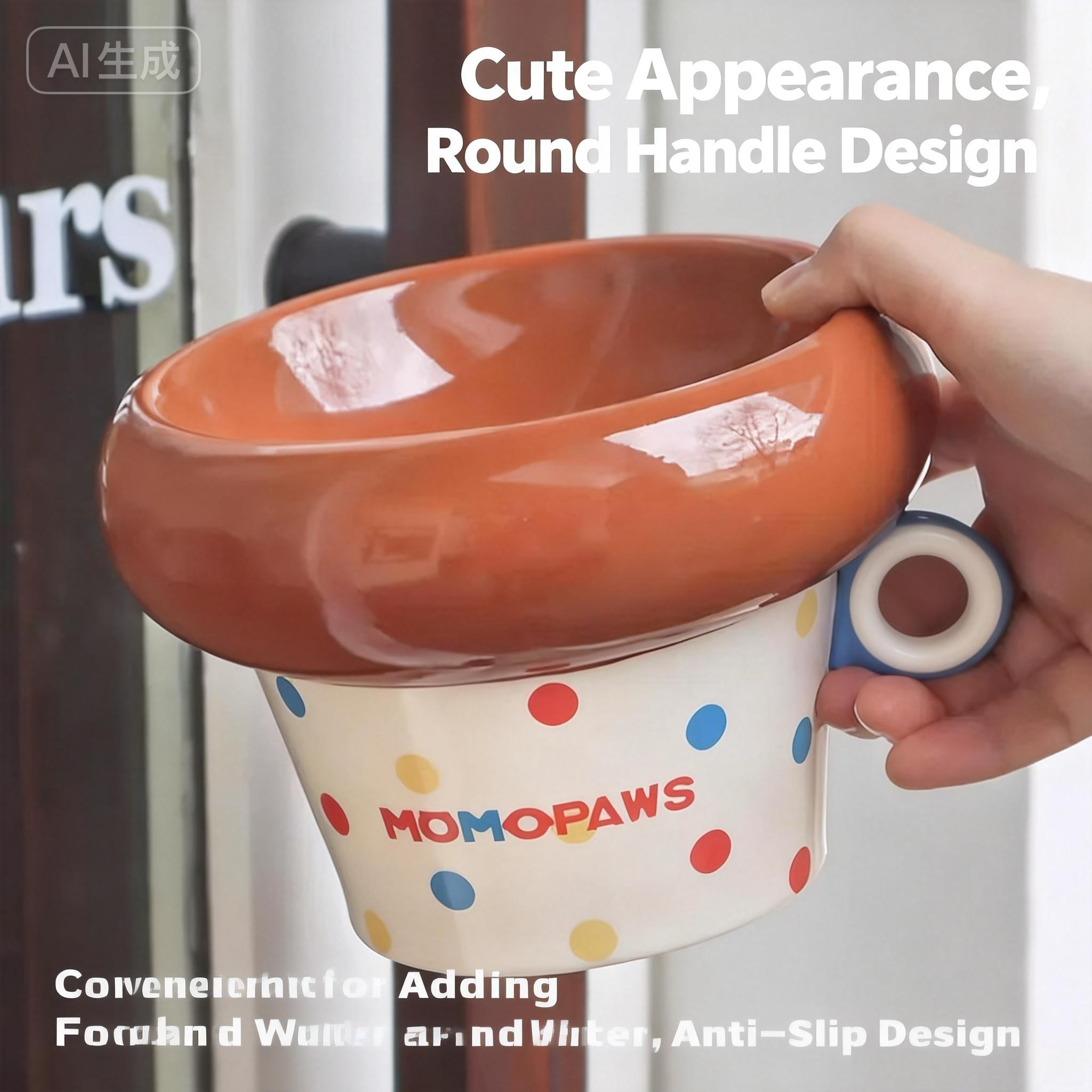 Genki元気喵 圆把手圈圈陶瓷碗 韩系猫咪狗狗水碗粮碗 高脚釉下彩宠物碗 多款可选