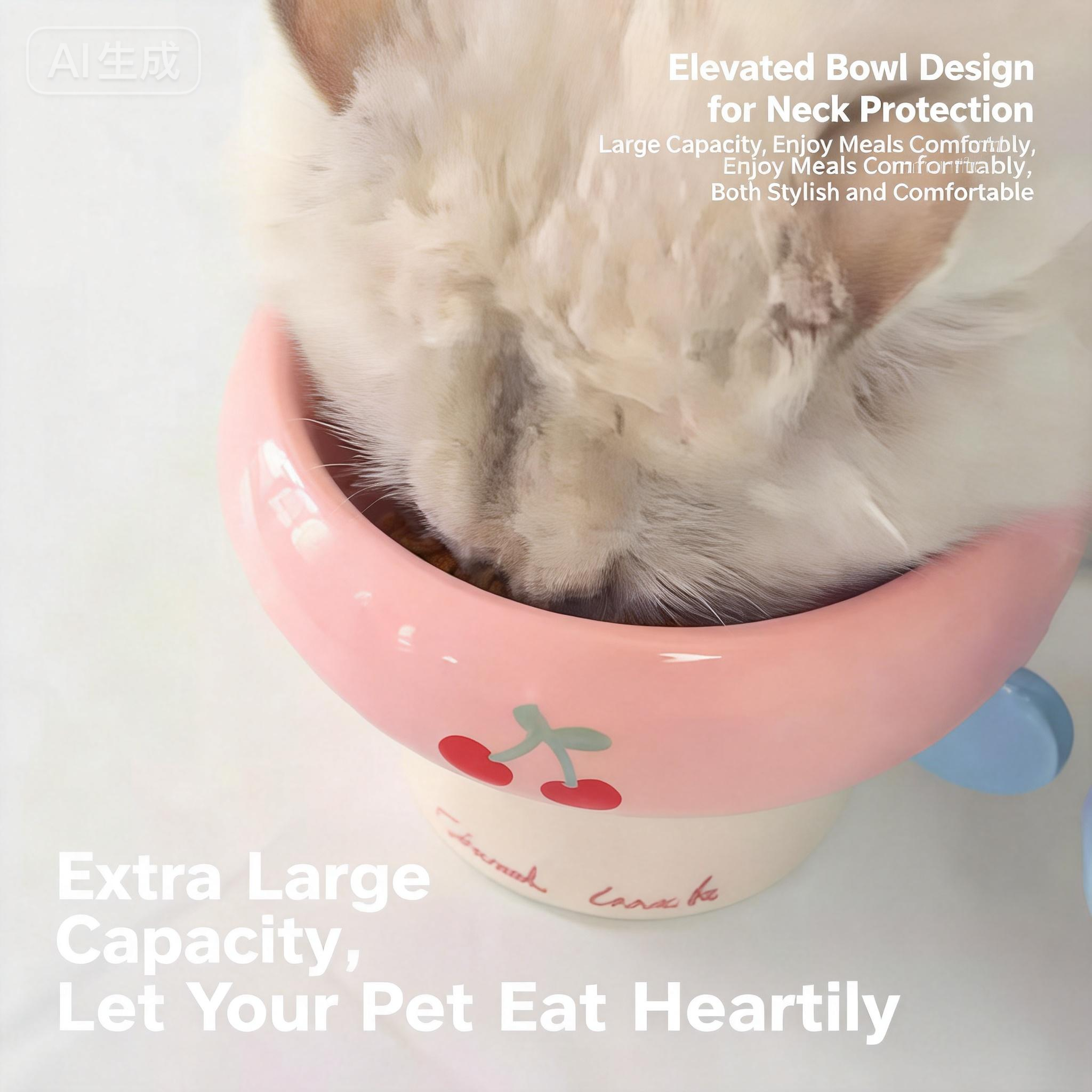 Genki元気喵 圆把手圈圈陶瓷碗 韩系猫咪狗狗水碗粮碗 高脚釉下彩宠物碗 多款可选