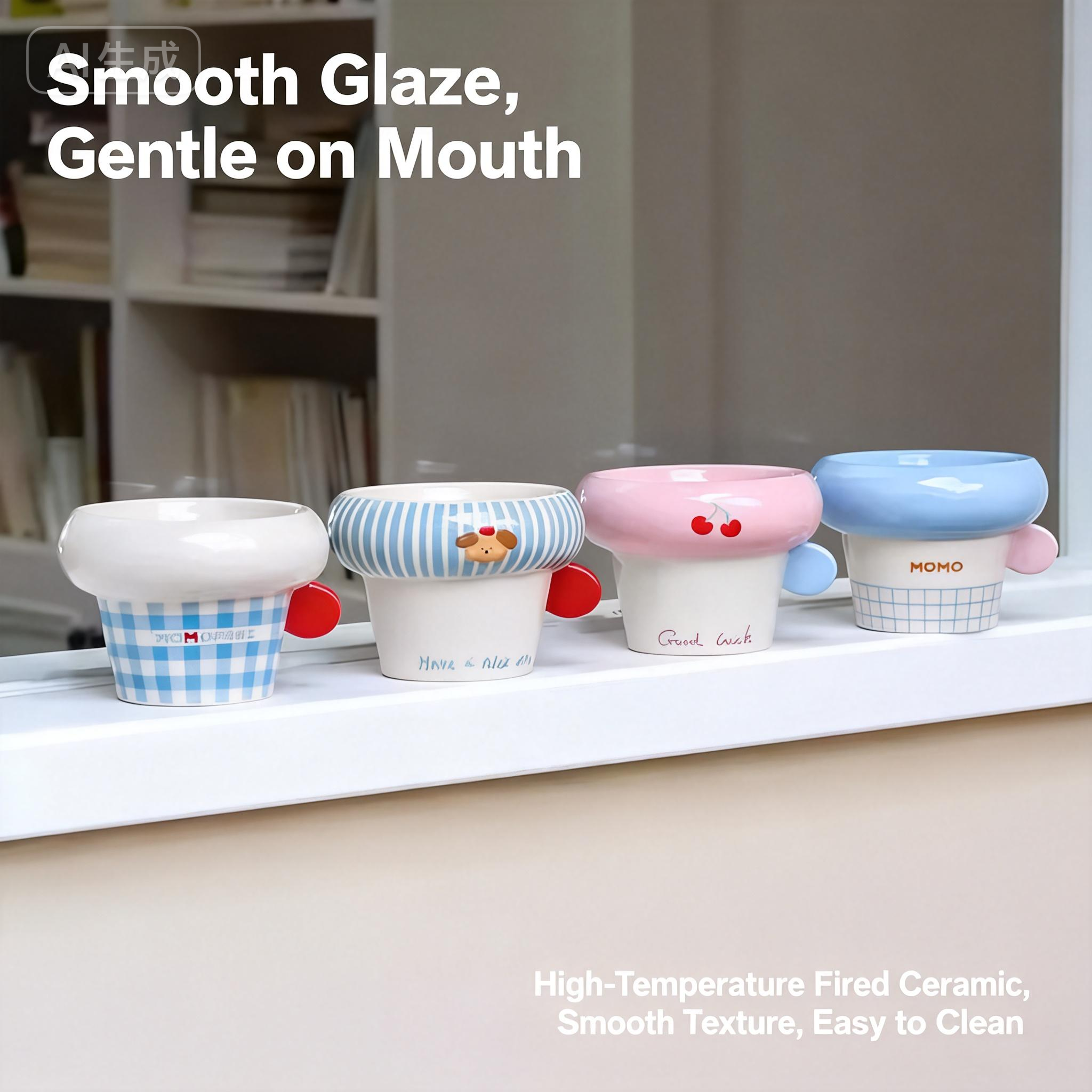 Genki元気喵 圆把手圈圈陶瓷碗 韩系猫咪狗狗水碗粮碗 高脚釉下彩宠物碗 多款可选