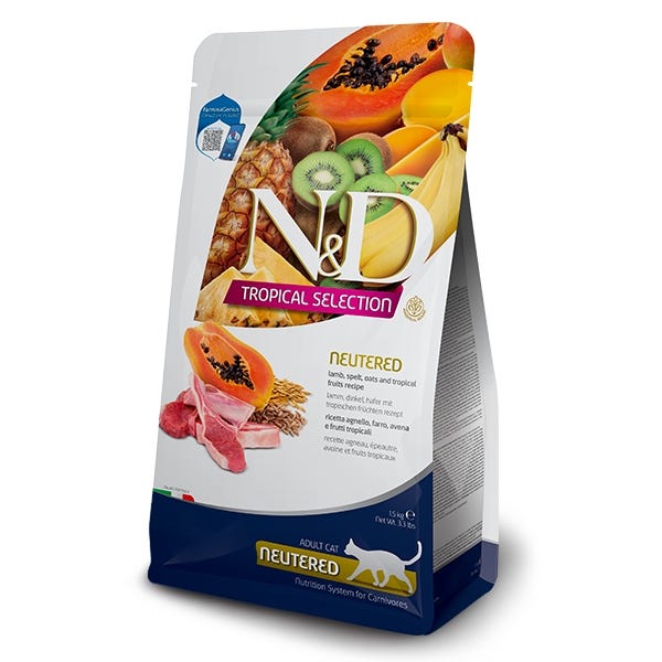 Farmina Natural & Delicious Tropical Dry Food For Adult Neutered Cats - Lamb, Spelt, Oats & Tropical Fruits