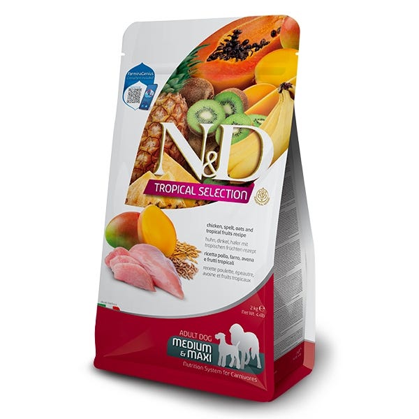 Farmina Natural & Delicious Tropical Dry Food For Medium & Maxi Adult Dogs - Chicken, Spelt, Oats & Tropical Fruits